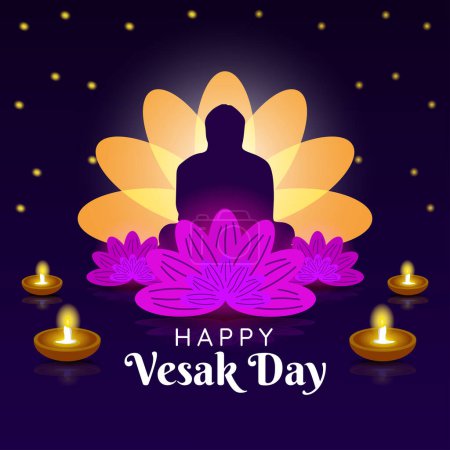 Téléchargez les illustrations : Happy vesak day, carte de voeux et poster design pour vesak day. Vesak Day est un jour saint pour les bouddhistes. silhouette de statue de bouddha et fleur de lotus - en licence libre de droit