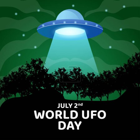 Illustration for World ufo day 2 july, poster greeting card illustration design with UFO and tree hill silhouette in background galaxy night - Royalty Free Image