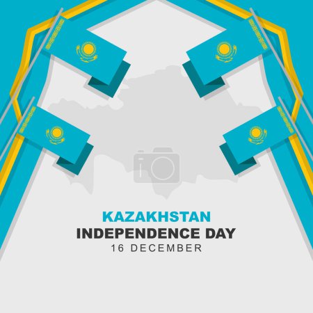 Téléchargez les illustrations : La fête de l'indépendance du Kazakhstan est célébrée chaque année le 16 décembre au Kazakhstan. Affiche carte de voeux avec drapeau et carte de kazakhstan. Illustration vectorielle - en licence libre de droit
