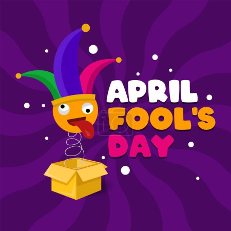 Illustration for April Fool's Day July 1st. Vector greeting card with gift box and silly emoticon face - Royalty Free Image