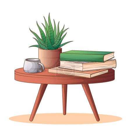 Illustration for Vector illustration of table with haworthia plant, cup and books. Hand-drawn illustration of zebra plant. Interior, bookstore, flower shop concept. - Royalty Free Image
