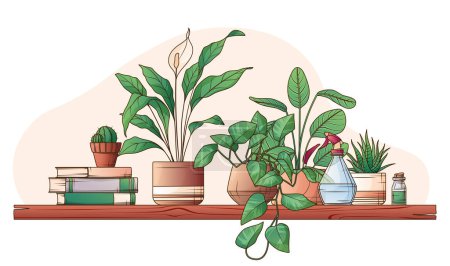 Vector illustration of shelf with houseplants, books. Composition of different potted plants. Hand-drawn illustration of peace lily, pothos plant. Interior, bookstore, flower shop, home garden concept