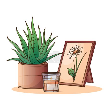 Illustration for Composition of haworthia fasciata, candle and photos frame. Vector illustration of Zebra plant. Interior, home garden concept. - Royalty Free Image