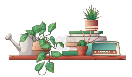 Vektor-Illustration eines Regals mit Zimmerpflanzen, Bücherstapel, Radio. Topfpflanzen: Haworthia, Topfpflanze, Kaktus. Interieur, Buchhandlung, Blumenladen, Heimgartenkonzept.