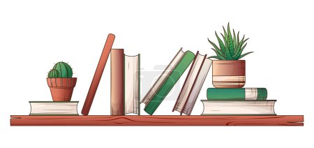 Illustration for Vector illustration of shelf with houseplants and books. Hand drawn illustration of haworthia plant, cactus. Interior, bookstore, flower shop, home garden concept - Royalty Free Image