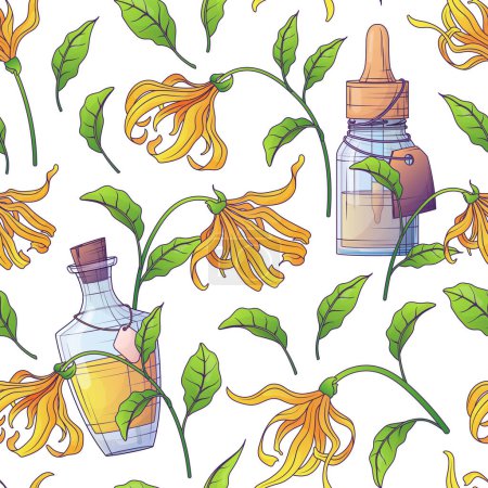 Vector seamless pattern with illustration of ylang ylang flowers, glass bottles. Essential oil background. For fabric design, textile, wrapping paper decoration. Cosmetics, perfumery and aromatherapy.