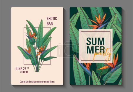 Set of tropical poster design with illustration of strelitzia plant. Vector bird of paradise flower. Summer, party concept. Composition with paradise plant leaves for postcard design, poster.