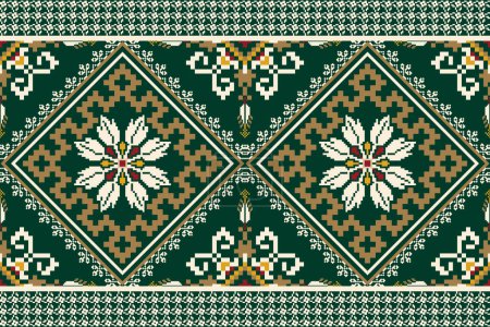 Illustration for Floral Cross Stitch Embroidery on green background.geometric ethnic oriental pattern traditional.Aztec style abstract vector illustration.design for texture,fabric,clothing,wrapping,decoration,scarf. - Royalty Free Image