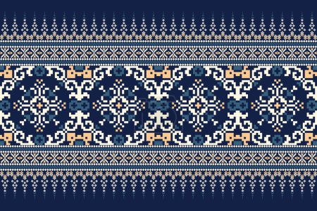 Illustration for Floral Cross Stitch Embroidery on navy blue background.geometric ethnic oriental pattern traditional.Aztec style abstract vector illustration.design for texture,fabric,clothing,wrapping, decoration. - Royalty Free Image