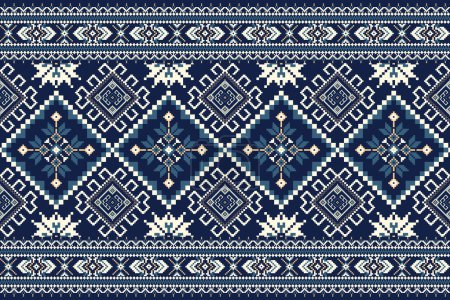 Téléchargez les illustrations : Floral Cross Stitch Embroidery on navy blue background.geometric ethnic oriental pattern traditional.Aztec style abstract vector illustration.design for texture,fabric,clothing,wrapping, decoration. - en licence libre de droit
