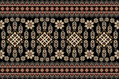 Illustration for Floral Cross Stitch Embroidery on black background.geometric ethnic oriental pattern traditional.Aztec style abstract vector illustration.design for texture,fabric,clothing,wrapping,decoration,scarf. - Royalty Free Image