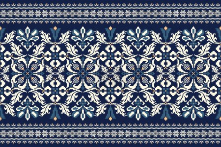 Floral Cross Stitch Embroidery on navy blue background.geometric ethnic oriental pattern traditional.Aztec style abstract vector illustration.design for texture,fabric,clothing,wrapping,scarf,sarong.