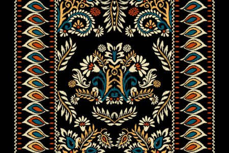 Illustration for Ikat floral paisley embroidery on black background.geometric ethnic oriental pattern traditional.Aztec style abstract vector illustration.design for texture,fabric,clothing,wrapping,decoration,carpet. - Royalty Free Image