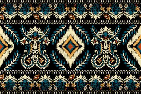 Illustration for Ikat floral paisley embroidery on black background.geometric ethnic oriental pattern traditional.Aztec style abstract vector illustration.design for texture,fabric,clothing,wrapping,decoration,carpet. - Royalty Free Image