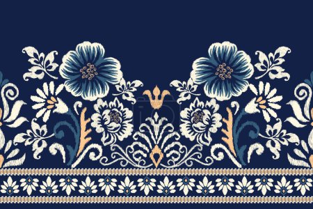 Ikat Blumenpaisley-Stickerei auf marineblauem Hintergrund. Ikat ethnisch orientalisches Muster traditional.Aztec-Stil abstrakte Vektorillustration. Design für Textur, Stoff, Kleidung, Verpackung, Dekoration, Sarong.