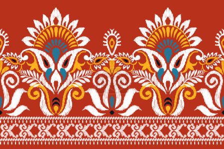 Illustration for Ikat floral paisley embroidery on red background.Ikat ethnic oriental pattern traditional.Aztec style abstract vector illustration.design for texture,fabric,clothing,wrapping,decoration,sarong,scarf. - Royalty Free Image