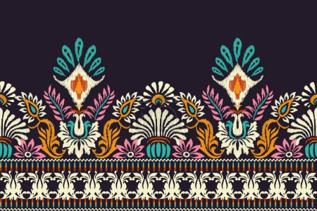 Ilustración de Ikat bordado paisley floral sobre fondo púrpura oscuro.Ikat patrón étnico oriental traditional.Aztec estilo abstracto vector illustration.design para textura, tela, ropa, envoltura, decoración, sarong - Imagen libre de derechos