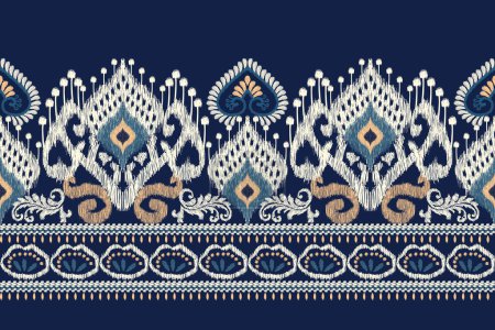 Ikat floral paisley embroidery on navy blue background.Ikat ethnic oriental pattern traditional.Aztec style abstract vector illustration.design for texture,fabric,clothing,wrapping,decoration,sarong.