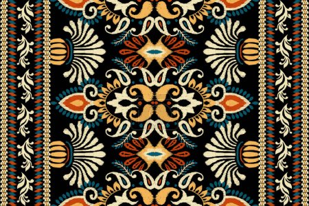 Ikat Blumenpaisley-Stickerei auf schwarzem Hintergrund. Ikat ethnisch orientalische Muster traditional.Aztec Stil abstrakte Vektorillustration. Design für Textur, Stoff, Kleidung, Verpackung, Dekoration, Schal, Teppich