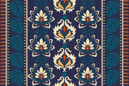 Illustration for Ikat floral paisley embroidery on navy blue background.Ikat ethnic oriental pattern traditional.Aztec style abstract vector illustration.design for texture,fabric,clothing,wrapping,decoration,carpet. - Royalty Free Image