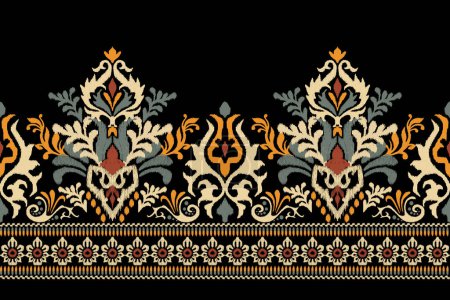 Ikat floral paisley embroidery on black background.Ikat ethnic oriental pattern traditional.Aztec style abstract vector illustration.design for texture,fabric,clothing,wrapping,decoration,sarong,scarf