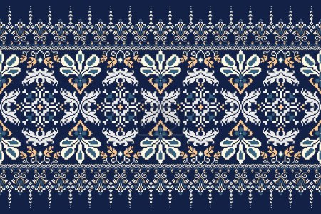 Floral Cross Stitch Embroidery on navy blue background.geometric ethnic oriental pattern traditional.Aztec style abstract vector illustration.design for texture,fabric,clothing,wrapping,decoration.