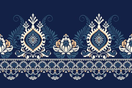 Ikat Blumenpaisley-Stickerei auf marineblauem Hintergrund. Ikat ethnisch orientalisches Muster traditional.Aztec-Stil abstrakte Vektorillustration. Design für Textur, Stoff, Kleidung, Verpackung, Dekoration, Sarong.
