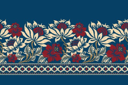 Illustration for Ikat floral paisley embroidery on blue background.Ikat ethnic oriental pattern traditional.Aztec style abstract vector illustration.design for texture,fabric,clothing,wrapping,decoration,sarong,scarf. - Royalty Free Image