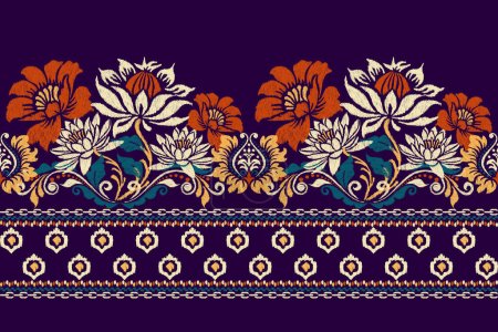 Ikat Blumenpaisley-Stickerei auf dunkel lila Hintergrund. Ikat ethnisch orientalische Muster traditional.Aztec Stil abstrakte Vektorillustration. Design für Textur, Stoff, Kleidung, Verpackung, Dekoration, Sarong