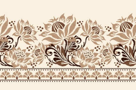 Illustration for Ikat floral paisley embroidery on brown background.Ikat ethnic oriental pattern traditional.Aztec style abstract vector illustration.design for texture,fabric,clothing,wrapping,decoration,sarong,scarf - Royalty Free Image