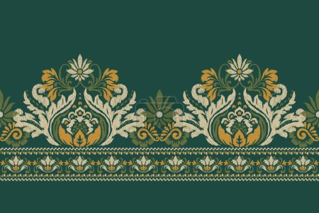 Illustration for Ikat floral paisley embroidery on green background.Ikat ethnic oriental pattern traditional.Aztec style abstract vector illustration.design for texture,fabric,clothing,wrapping,decoration,sarong,scarf - Royalty Free Image