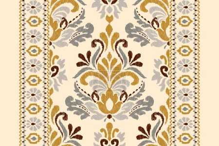 Illustration for Ikat floral paisley embroidery on cream background.Ikat ethnic oriental pattern traditional.Aztec style abstract vector illustration.design for texture,fabric,clothing,wrapping,decoration,scarf,carpet - Royalty Free Image