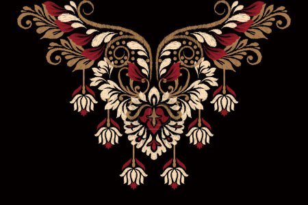 Hermoso escote floral Ikat paisley bordado en negro background.boho escote patrones traditional.Aztec estilo abstracto vector illustration.design para textura, tela, ropa, envoltura, decoración