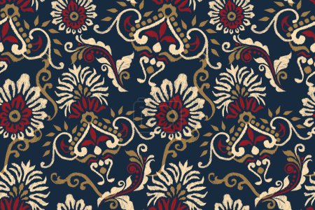 Illustration for Ikat floral paisley embroidery on navy blue background.Ikat ethnic oriental seamless pattern traditional.Aztec style abstract vector illustration.design for texture,fabric,clothing,wrapping,decoration - Royalty Free Image