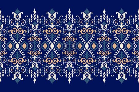 Ilustración de Ikat bordado paisley floral sobre fondo azul marino. Ikat patrón étnico oriental traditional.Aztec estilo abstracto vector illustration.design para textura, tela, ropa, envoltura, decoración, Sarong. - Imagen libre de derechos