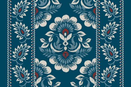 Illustration for Ikat floral paisley embroidery on blue background.Ikat ethnic oriental pattern traditional.Aztec style abstract vector illustration.design for texture,fabric,clothing,wrapping,decoration,scarf,carpet. - Royalty Free Image