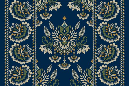 Illustration for Ikat floral paisley embroidery on navy blue background.Ikat ethnic oriental pattern traditional.Aztec style abstract vector illustration.design for texture,fabric,clothing,wrapping,decoration,scarf. - Royalty Free Image