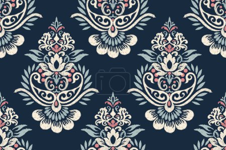 Illustration for Ikat floral paisley embroidery on navy blue background.Ikat ethnic oriental seamless pattern traditional.Aztec style abstract vector illustration.design for texture,fabric,clothing,wrapping,decoration - Royalty Free Image