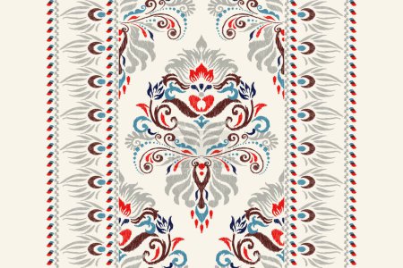 Illustration for Damask ikat floral embroidery.Ikat ethnic oriental pattern traditional on white background.Aztec style,abstract,vector illustration.design for texture,fabric,clothing,wrapping,decoration,scarf,carpet. - Royalty Free Image