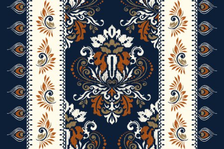 Illustration for Ikat floral pattern on navy blue background vector illustration.Ikat ethnic oriental embroidery,Aztec style,abstract background.design for texture,fabric,clothing,wrapping,decoration,carpet,scarf,rug. - Royalty Free Image