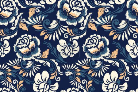 Illustration for Seamless pattern of rose flower and leaves on navy blue background.Ikat floral embroidery vector illustrations,Aztec style,surface print.design for texture,fabric,clothing,wrapping,decoration,curtains - Royalty Free Image