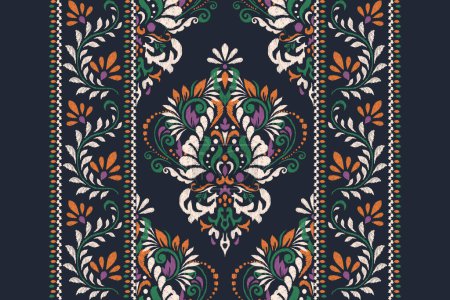 Illustration for Arabesque Ikat floral pattern on black background vector illustration.Ikat ethnic oriental embroidery.Aztec style,abstract background.design for texture,fabric,clothing,wrapping,decoration,scarf,print - Royalty Free Image