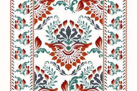 Illustration for Carpet embroidery,Ikat floral pattern traditional on white background vector illustration.Aztec style,baroque,hand drawn,abstract.design for texture,fabric,clothing,wrapping,decoration,carpet,kilim. - Royalty Free Image