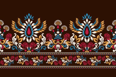 Illustration for Sarong embroidery,Ikat floral pattern traditional on dark brown background vector illustration.Aztec style,abstract,baroque,hand drawn.design for texture,fabric,clothing,wrapping,decoration,sarong. - Royalty Free Image