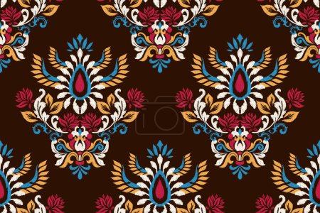 Illustration for Surface print,Ikat floral seamless pattern on dark brown  background vector illustration.Aztec style,baroque,hand drawn embroidery,abstract.design for texture,fabric,clothing,wrapping,decoration,print - Royalty Free Image