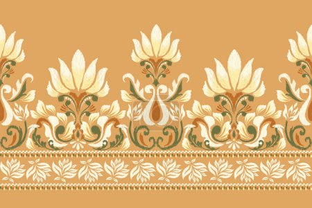 Digital painting watercolor pattern.Ikat floral embroidery on orange background vector illustration.Aztec style,hand drawn,ink texture.design for texture,fabric,clothing ,decoration,sarong,wrapping.