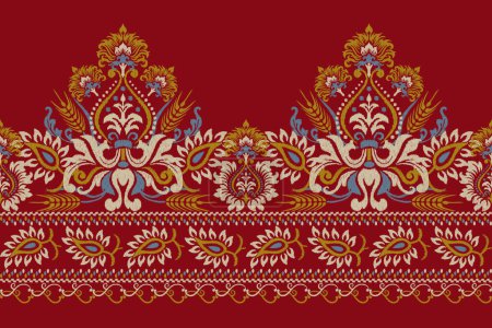 Digitales Farbmuster auf rotem Hintergrund, Tinte auf Stoffstickvektorillustration. Aztekischer Stil, traditionell, handgezeichnet, barocke Textur.desig für Textur, Stoff, Kleidung, Verpackung, Dekoration, Teppich.