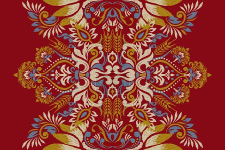 Ikat floral pattern on red background vector illustration.Ikat oriental embroidery.Aztec style,traditional,hand drawn,baroque pattern.design for texture,fabric,clothing,wrapping,decoration,scarf,print