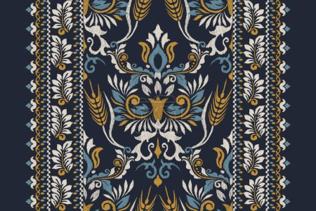 Ikat floral pattern on black background vector illustration.Ikat oriental embroidery.Aztec style,traditional,hand drawn,baroque pattern.design for texture,fabric,clothing,wrapping,decoration,scarf,