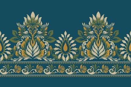 Ikat floral pattern traditional on blue background.Ikat oriental embroidery vector illustration.Aztec style,hand drawn,baroque.design for texture,fabric,clothing,wrapping,decoration,sarong,scarf,print